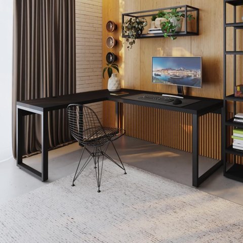 Mesa de Escritório em L Presidente Yon 190cm - Preto Tx/Est.Preta