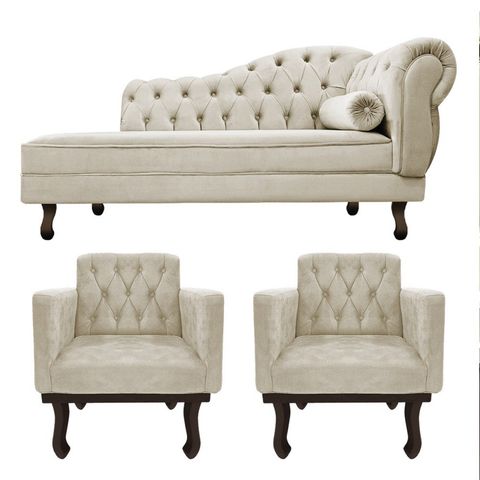 Kit Diva Recamier Juliana 160cm Lado Esquerdo e 02 Poltronas Classic Linho Bege - Amarena Móveis