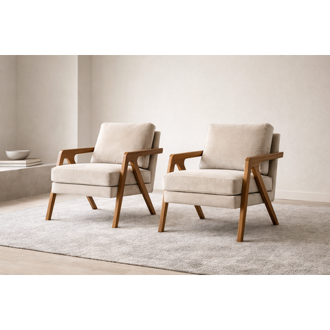 Kit 2 Poltronas Mona Luxo Madeira Maciça Veludo Bege para Sala de Estar Decorativa Moderna
