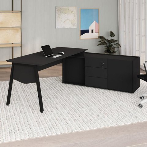 Mesa Gerente Dinâmica em L 2,00 m X 1,70 m com Tampo Chanfrado 45° Pés Cavalete e Armário