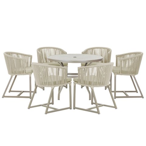 Mesa com 6 Cadeiras de Jantar Roma 120cm e Noronha em Alumínio Fendi Corda Náutica Estofado 7 Trama
