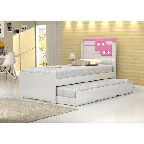 Cama de Solteiro Bibox Luiza Branco com Rosa/ com Auxiliar - Vitamov