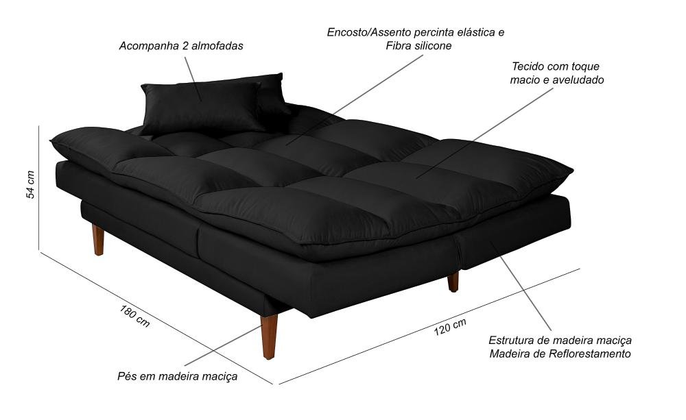 Sofá Cama Vancouver Suede 3 Lugares Preto 381 Império Estofados - 6