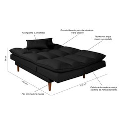 Sofá Cama Vancouver Suede 3 Lugares Preto 381 Império Estofados - 6