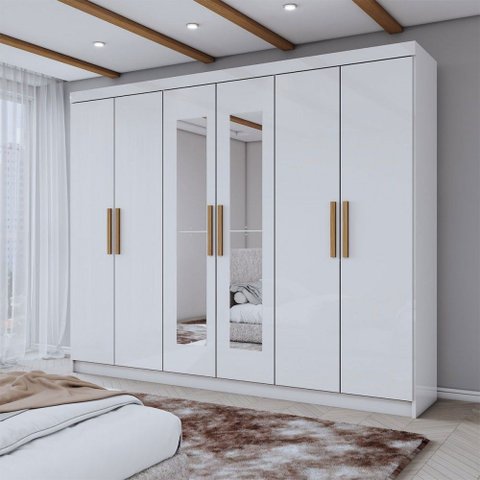 Guarda-roupa Casal Aurora 6 Portas 2 Gavetas com Espelho Branco Neve - Panorama Móveis
