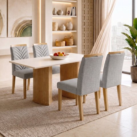 Conjunto de Mesa de Jantar 4 Lugares Isla e Carol MDF 120x80cm Cinamomo Off White Cinza