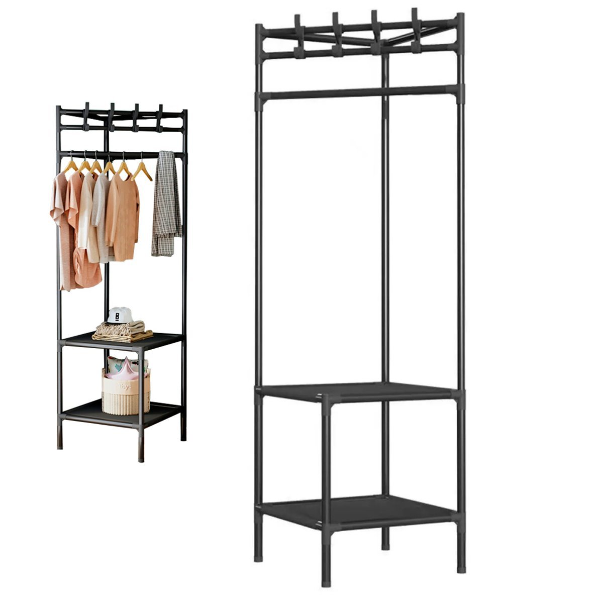 Arara Cabideiro de Canto 2 Andares Prateleira Rack Sapateira  Camisa Roupa Gancho Casa Quarto M