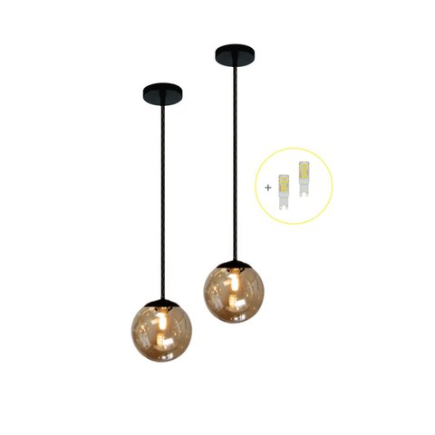Kit 2 Pendente Preto Bancada Cozinha Cabeceira de Cama + Led Arevo Iluminação Jabuticaba VIDRO FUMÊ