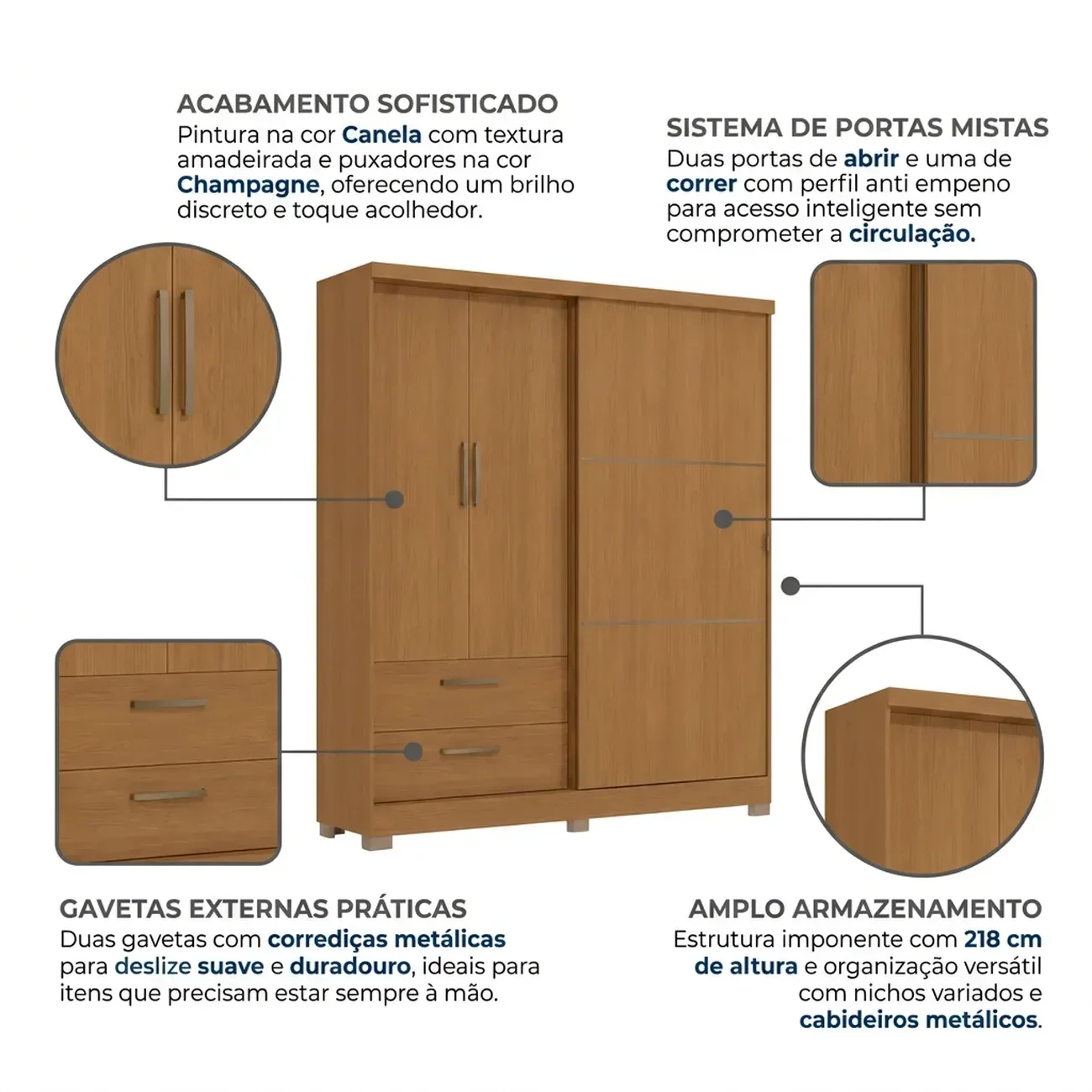Ver imagem 5 de Guarda Roupa Solteiro 3 Portas Mistas e 2 Gavetas 218cm C533 Canela
