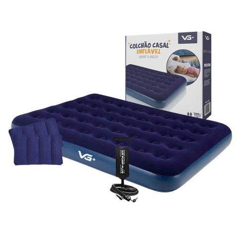 Colchão Casal Inflável Azul + Bomba de Ar Manual + 2 Travesseiros Vg Plus