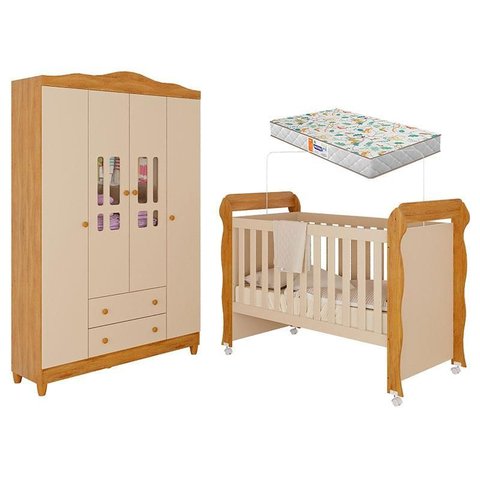Berço Americano Mirelle e Guarda Roupa Infantil Ariel 4 Portas Off White Bétula com Colchão Gazin– C