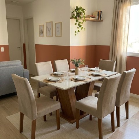 Conjunto Mesa de Jantar com 6 Cadeiras Estofadas e Tampo de MDF 160x80cm Chocolate/Off White
