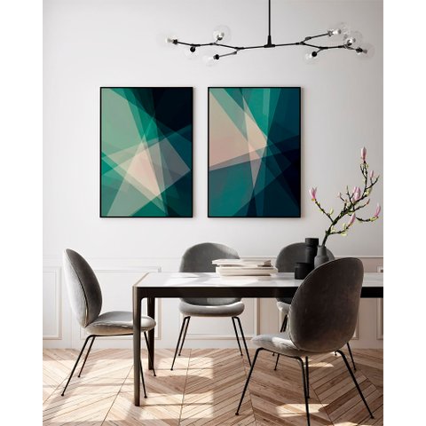 Kit 2 Quadros Abstrato em Verde - Tela Canvas com Moldura Flutuante em Vários Tamanhos - Artfine