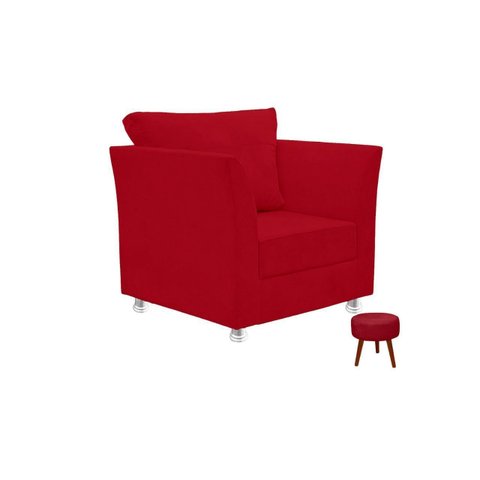 Kit 01 Poltrona Lisboa Decorativa + 01 Puff Redondo Decorativo Suede Vermelho