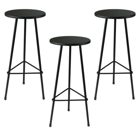 Kit 3 Banquetas Retro Ferro Industrial Acento Madeira 70cm Preto