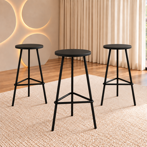 Kit 3 Banquetas Industriais 70cm com Assento de Madeira para Balcão Preto
