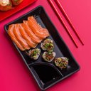Ver imagem 2 de 6 Pratos Pretos Sushi com Molheira 19x12cm Melamina Travessa Servir Gourmet Mix
