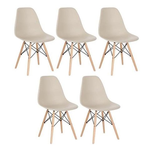 Kit 5 Cadeiras Charles Eames Eiffel Dsw - Base de Madeira Clara - Nude Multicolorido