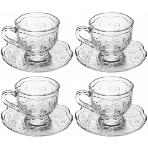 4 Xícaras de Chá 180ml com Pires New Butterfly Lyor Cristal