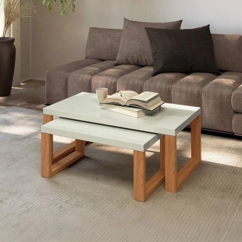 Conjunto Mesas de Centro Industrial Off White Freijó em Mdf F40
