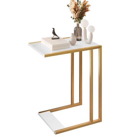 Mesa Lateral de Apoio Industrial Compacta Sofá- Branco Dourado