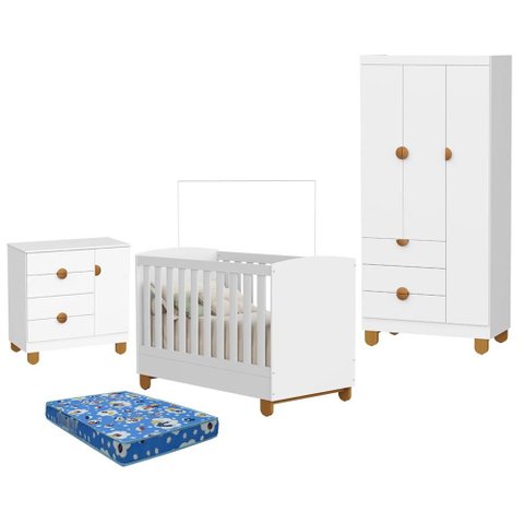 Quarto de Bebê Apolo Branco Fosco com Colchão Ortobom - Reller