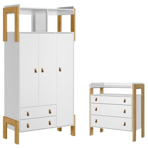 Guarda Roupa Infantil 4375 e Cômoda Gaveteiro 4410 Fantasia Branco Acetinado – Qmovi