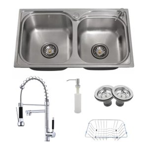 Cuba Cozinha Gourmet Dupla 78x43 Aço Inox Escovado C/ Acessórios e Torneira