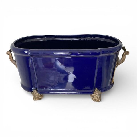 Cachepot Centro de Mesa em Porcelana Azul Escuro com Detalhes em Bronze 25x56x25cm