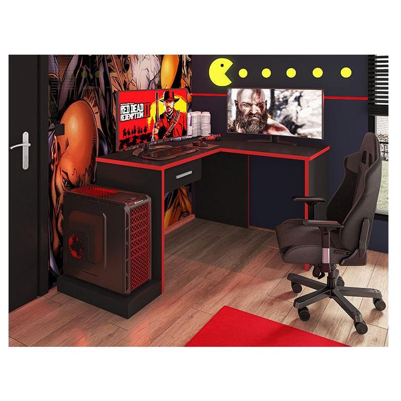 Mesa para Computador Gamer Drx 9000 com Extensora Preto Trama Vermelho - Móveis Leão - 4