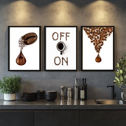 Kit 3 Quadros Grãos de Café Gotas - On Off 33x24cm - com Vidro:moldura Preta