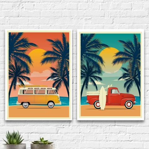 Kit 2 Quadros Decorativos Carros Na Praia 24x18cm:Madeira branca