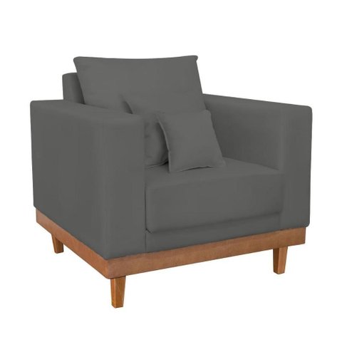 Poltrona Living Resistente Suede Base Madeira com Almofadas Cinza