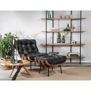 Kit 2 Poltronas Costela com 01 Puff Corino Preto