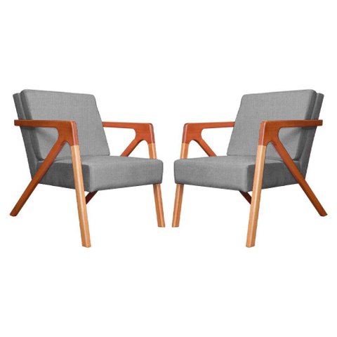 Conjunto 2 Poltronas Monalisa Com Braços de Madeira Suede Cinza - LM DECOR