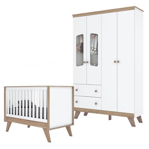 Berço Americano e Guarda Roupa Infantil Ambiente Confete Branco Brilho Jequitibá Hp - Henn