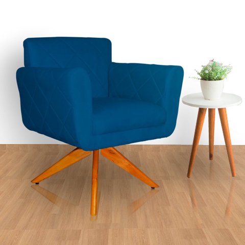 Kit 2 Poltronas Estofada Base Giratória de Madeira Sala Isabella Suede Azul Royal - Lm Decor