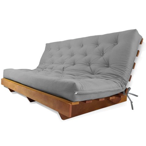 Sofá Cama Futon L Sarja Cinza em Madeira Nobre Maciça