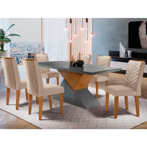 Mesa Aster 180 Tampo em Mdf Canto Reto com 6 Cadeiras Liz Moderna