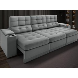 Sofá com Porta Copos e Carregador Usb Eureka 2,30m Assento Retrátil e Reclinável Velosuede Cinza - 1