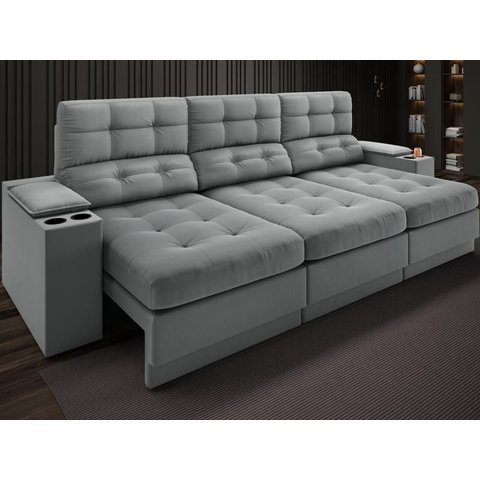 Sofá com Porta Copos e Carregador Usb Eureka 2,30m Assento Retrátil e Reclinável Velosuede Cinza