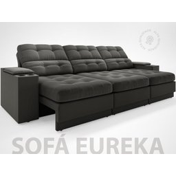 Sofá com Porta Copos e Carregador Usb Eureka 2,30m Assento Retrátil e Reclinável Velosuede Cinza - 2