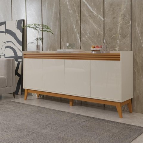 Buffet Aparador Ripado com 4 Portas Monaco 180cm - Off White e Cedro