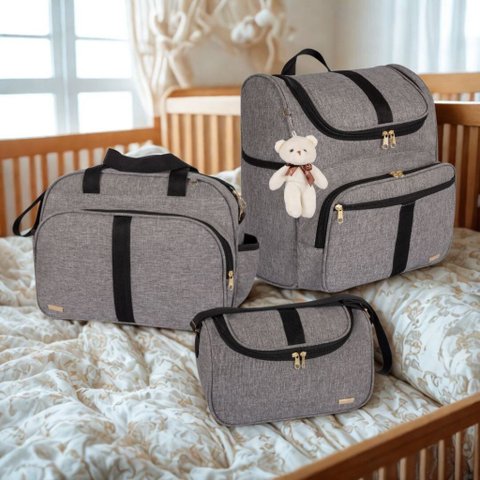 Kit Bolsas Maternidade 3 Peças com Mochila 2 em 1 Bolsa G , Bolsa P e Mochila G - Faixa Luxo Amor:pr