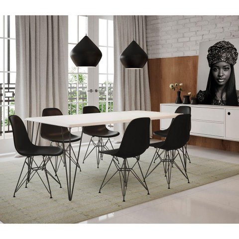 Conjunto De Mesa Clips De Ferro Preto Tampo Branco 135X75 6 Cadeiras Preta Assento Preto