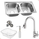 Ver imagem 1 de Kit Cuba Dupla Inox + Acessórios com Torneira Gourmet Misturador Monocomando Extensora Escovada