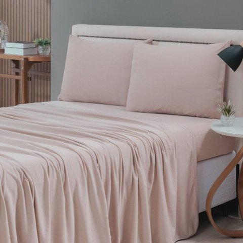 Jogo de Lençol Cama Casal 4 Peças 100% Algodão Malha Penteada:bege
