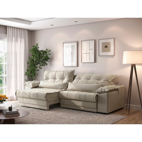 Sofá Retrátil e Reclinável com Molas Ensacadas e Carregador Usb Colosso 2,10m Veludocristal Areia