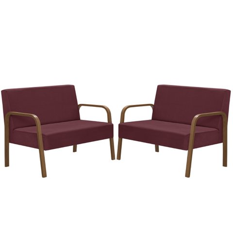 Kit Poltrona Decorativa 2 Namoradeiras Jade Braço Madeira D Salla Suede Bordô