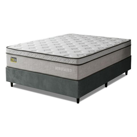 Cama Box com Colchão Casal Minotauro Ortopédico Euro Pillow Tecido Jacquard Cinza Branco